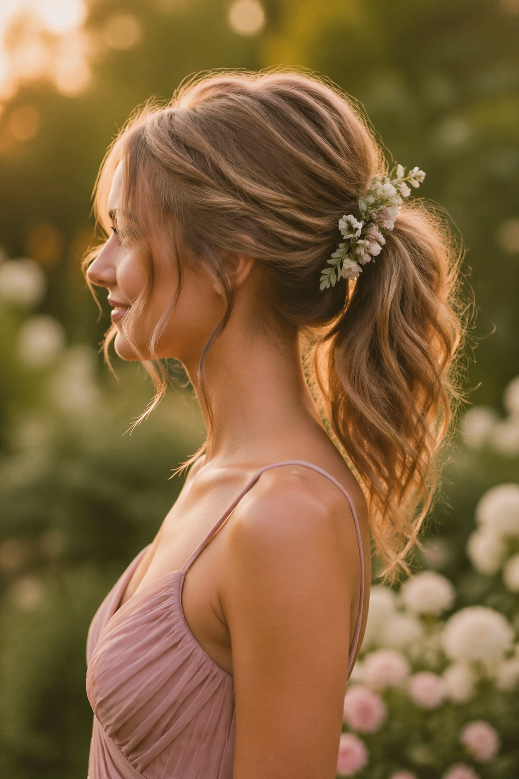 Side profile of messy ponytail with floral sprigs in golden-hour garden.