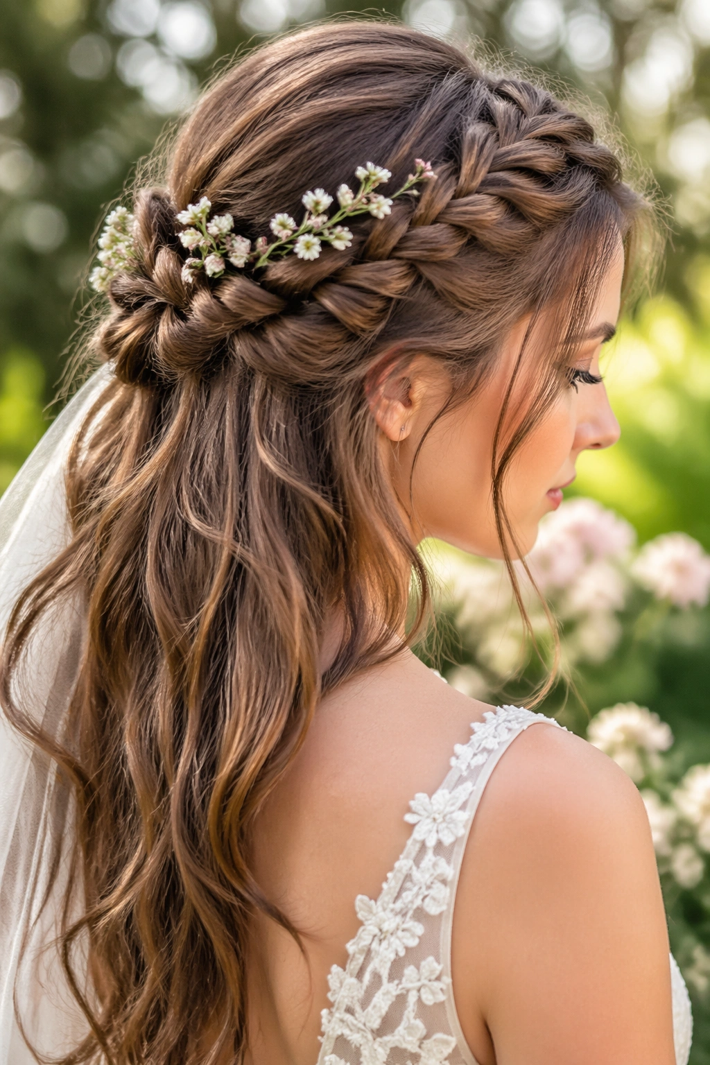 Close-up of bride with floral-sprig braided half-up hairstyle.