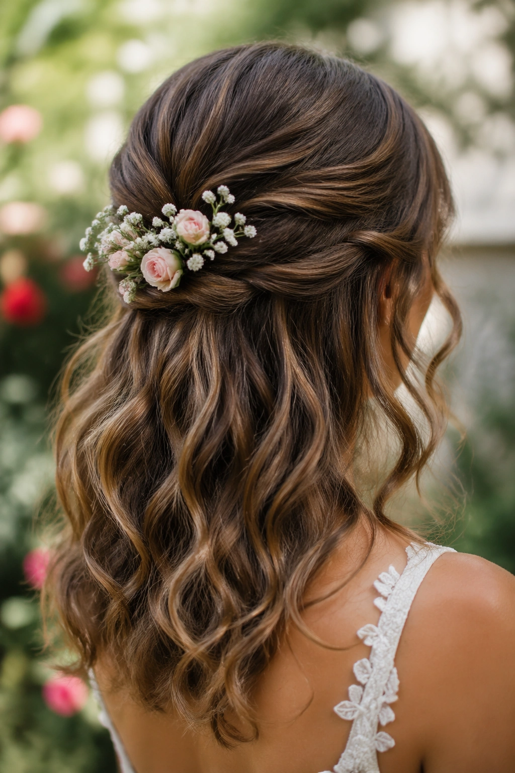 Real woman with small floral sprigs tucked into soft waves in a half-up style