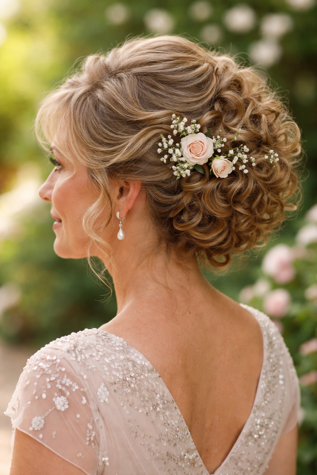 Head-and-shoulders of a woman with a floral-tucked curly updo.