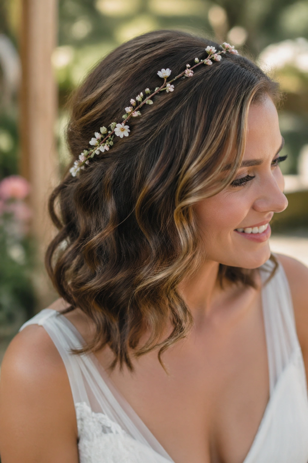 Bride wearing floral vine woven into shoulder-length waves