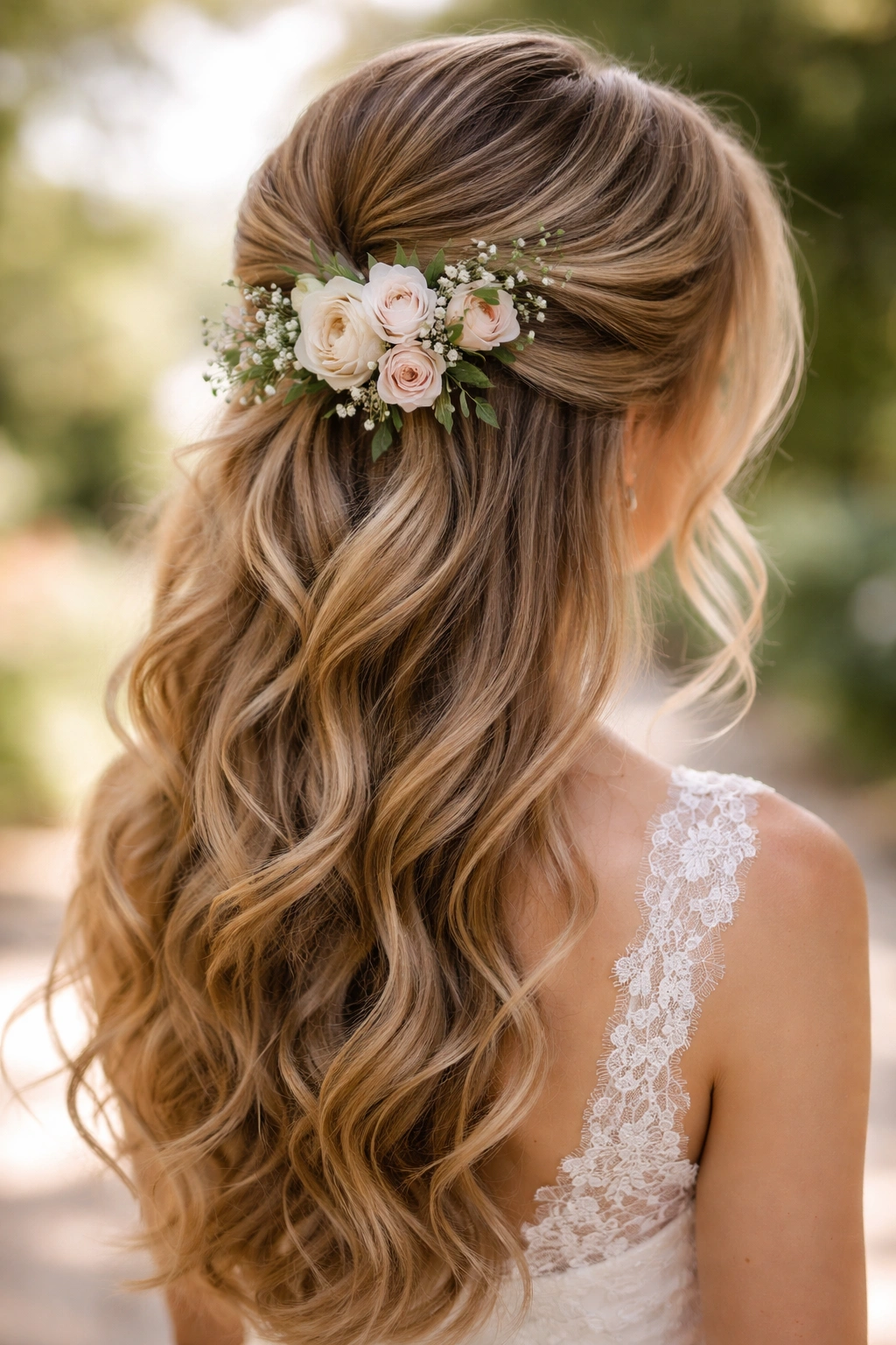 Flower-Accent Half-Up hairstyle with a small cluster of flowers pinned into the hair