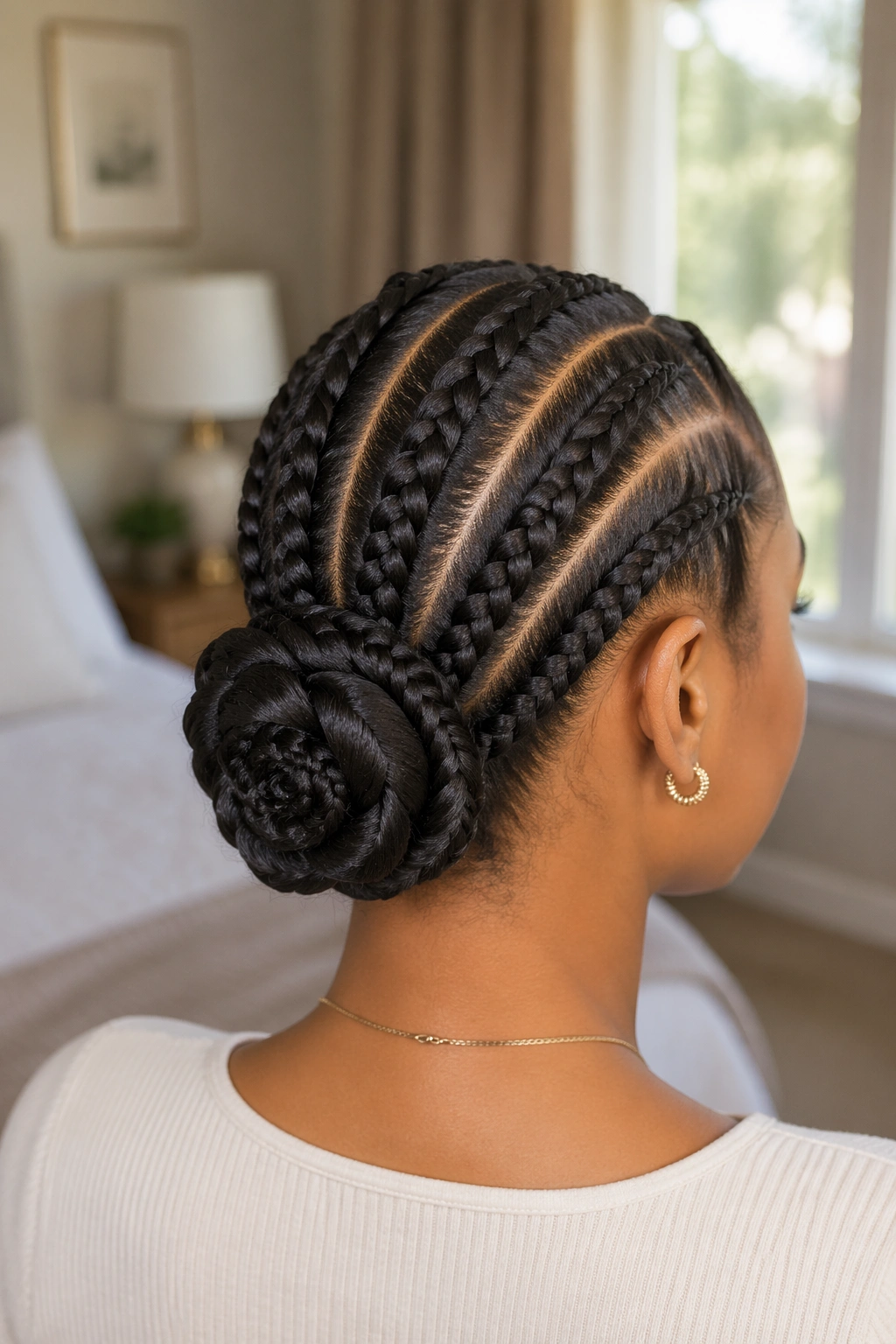 Rear view of a real woman with four cornrows forming a rose-shaped flower bun at the back.