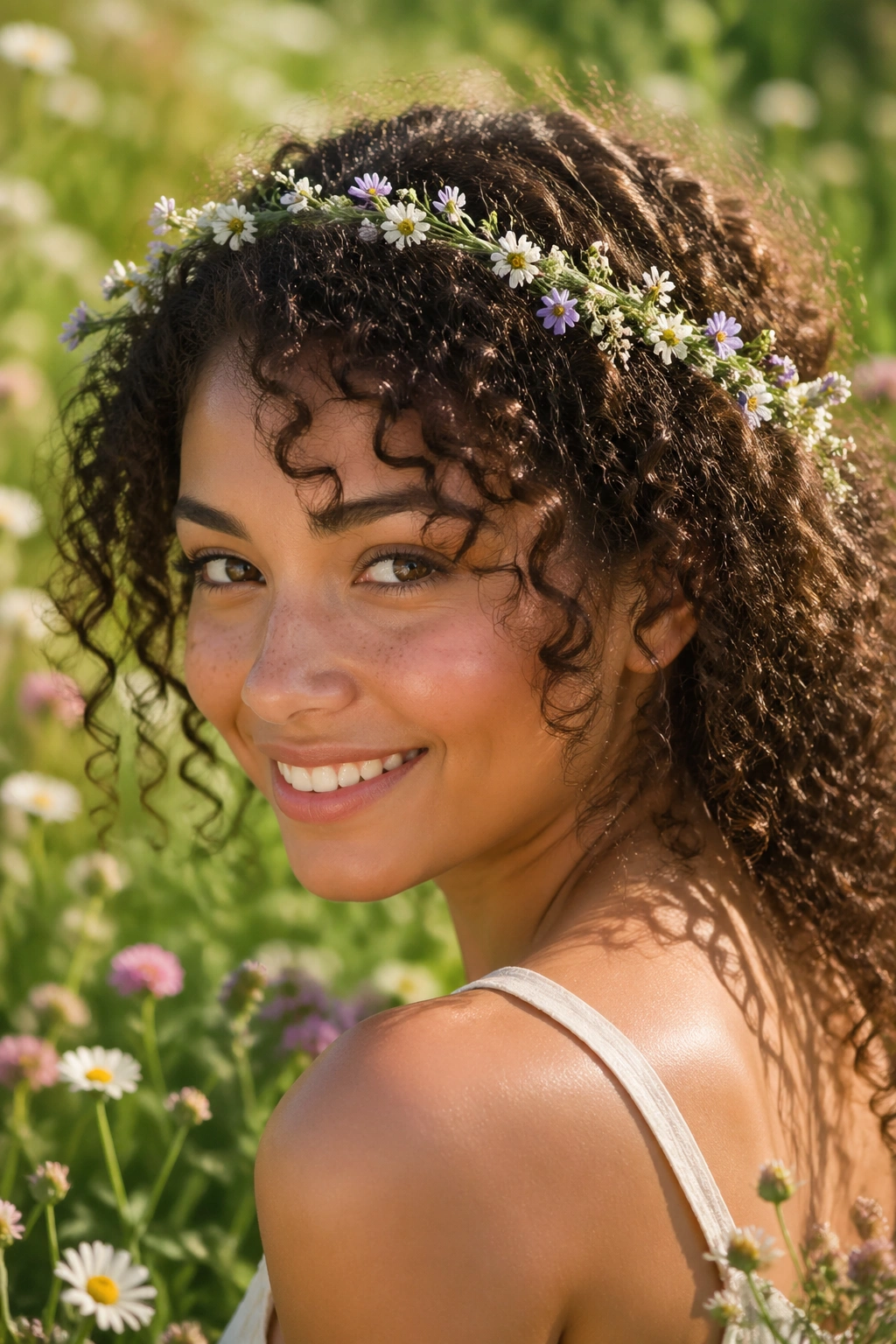 Close-up of a woman wearing a meadow flower crown on curly hair in a sunlit garden.