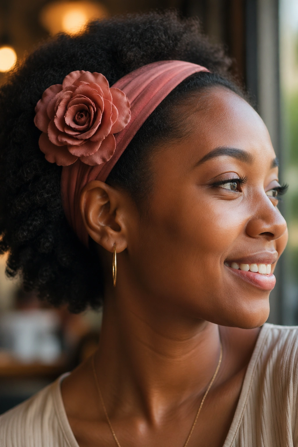 Close-up portrait wearing a solid-color headband with a large fabric flower pinned above the ear