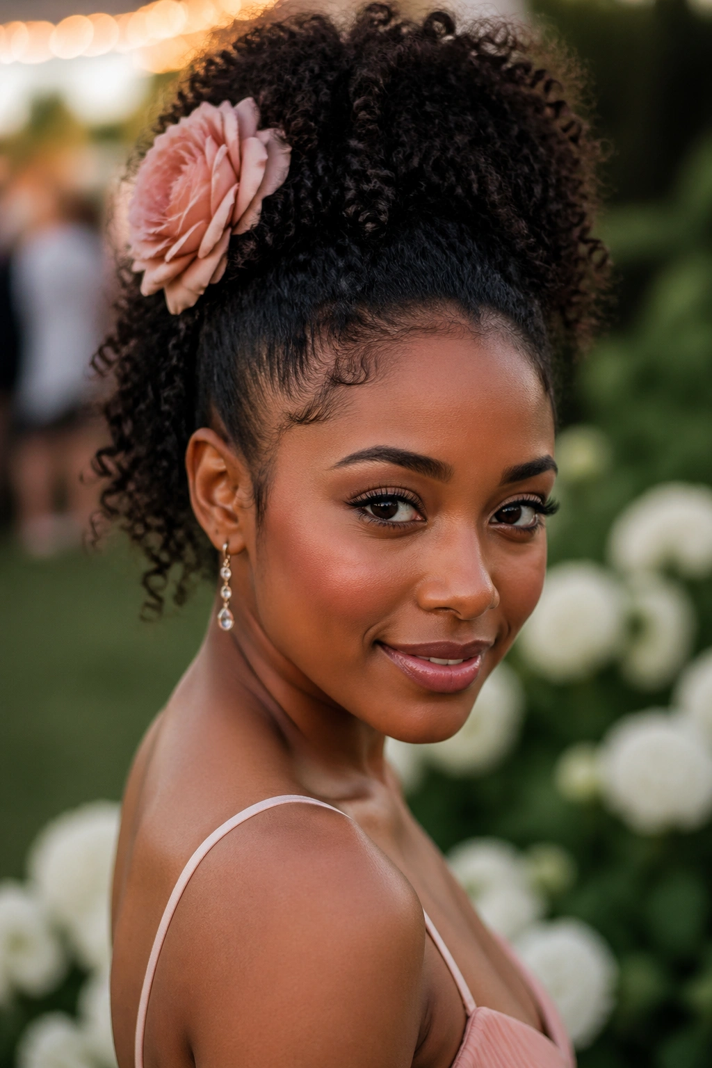Close-up of real person with half-up puff and flower pinned