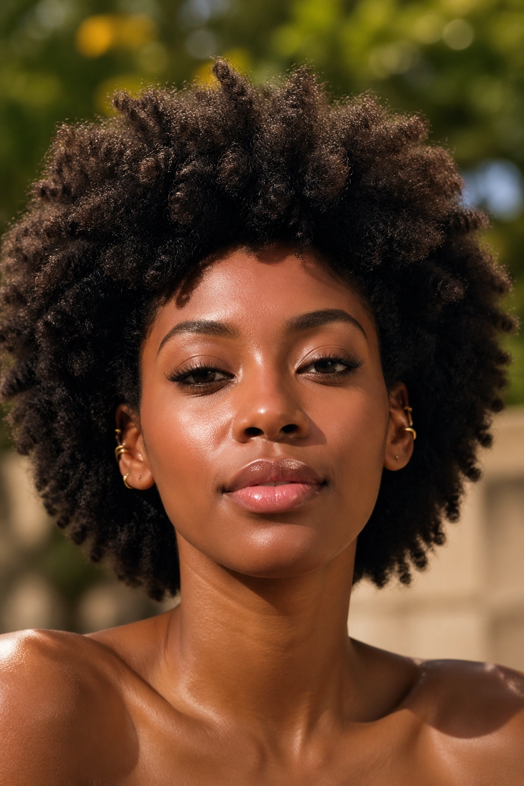 Close-up of a real woman with a voluminous afro and gold ear cuffs in sunlight