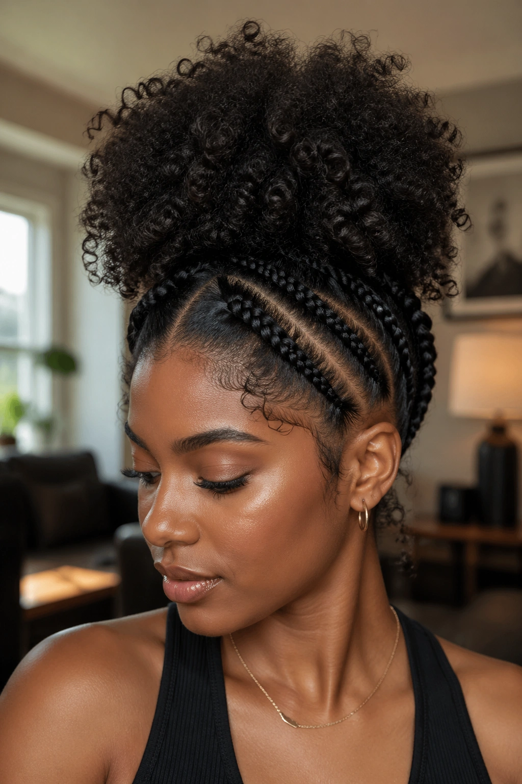 Real woman with braided perimeter and fluffy crown puff