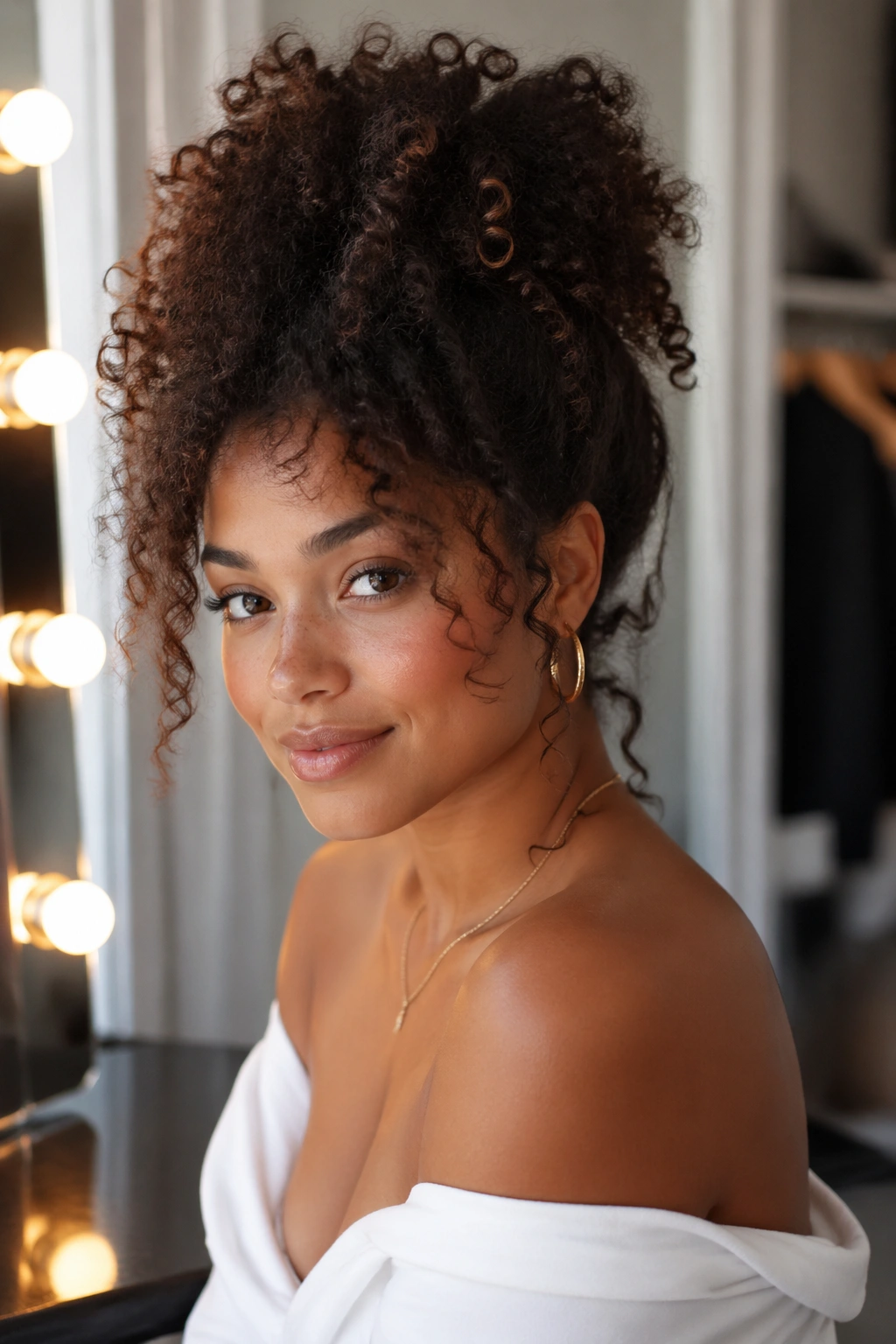 Portrait of a real woman with a fluffy crowned updo.
