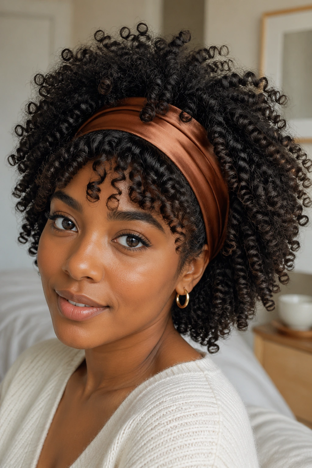 Close-up portrait of a real person wearing a wide satin headband with fluffy curls