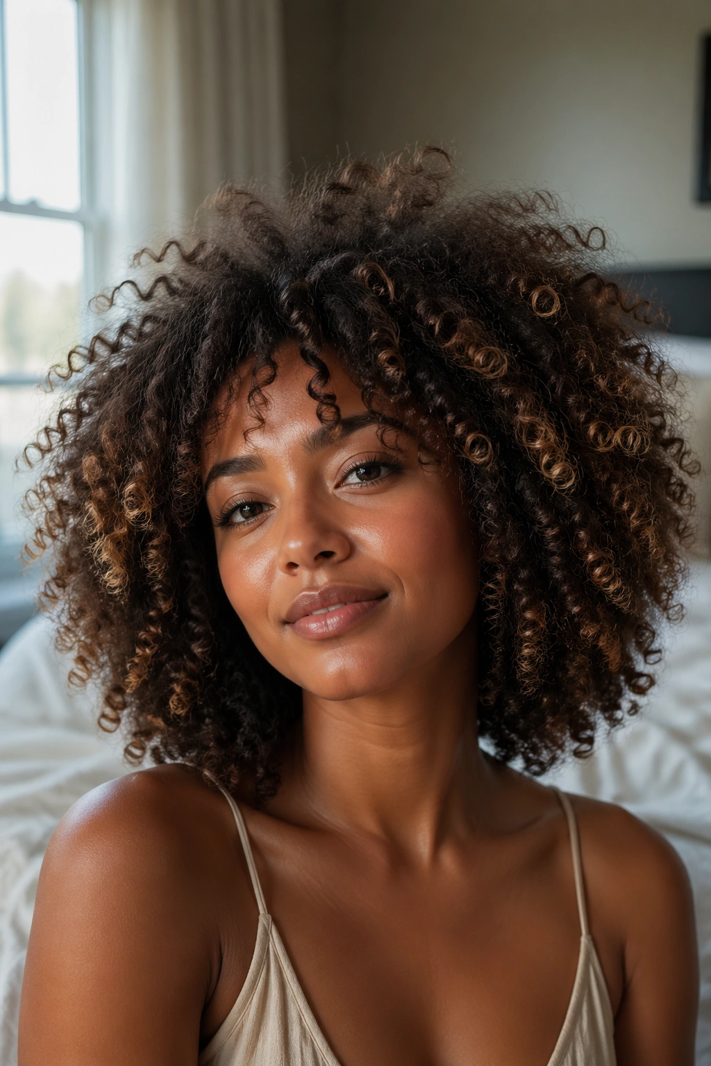 Close-up of a real woman with fluffy curls and halo volume.