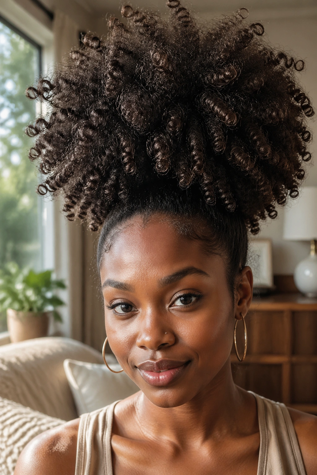 Close-up of a real woman with a large fluffy curly afro puff.