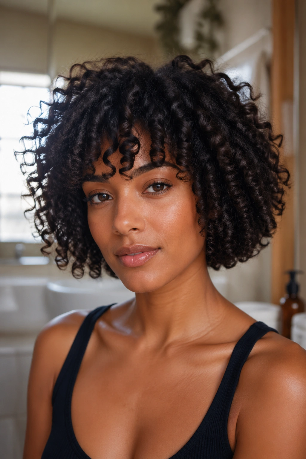 Real woman with fluffy curly bob close-up portrait