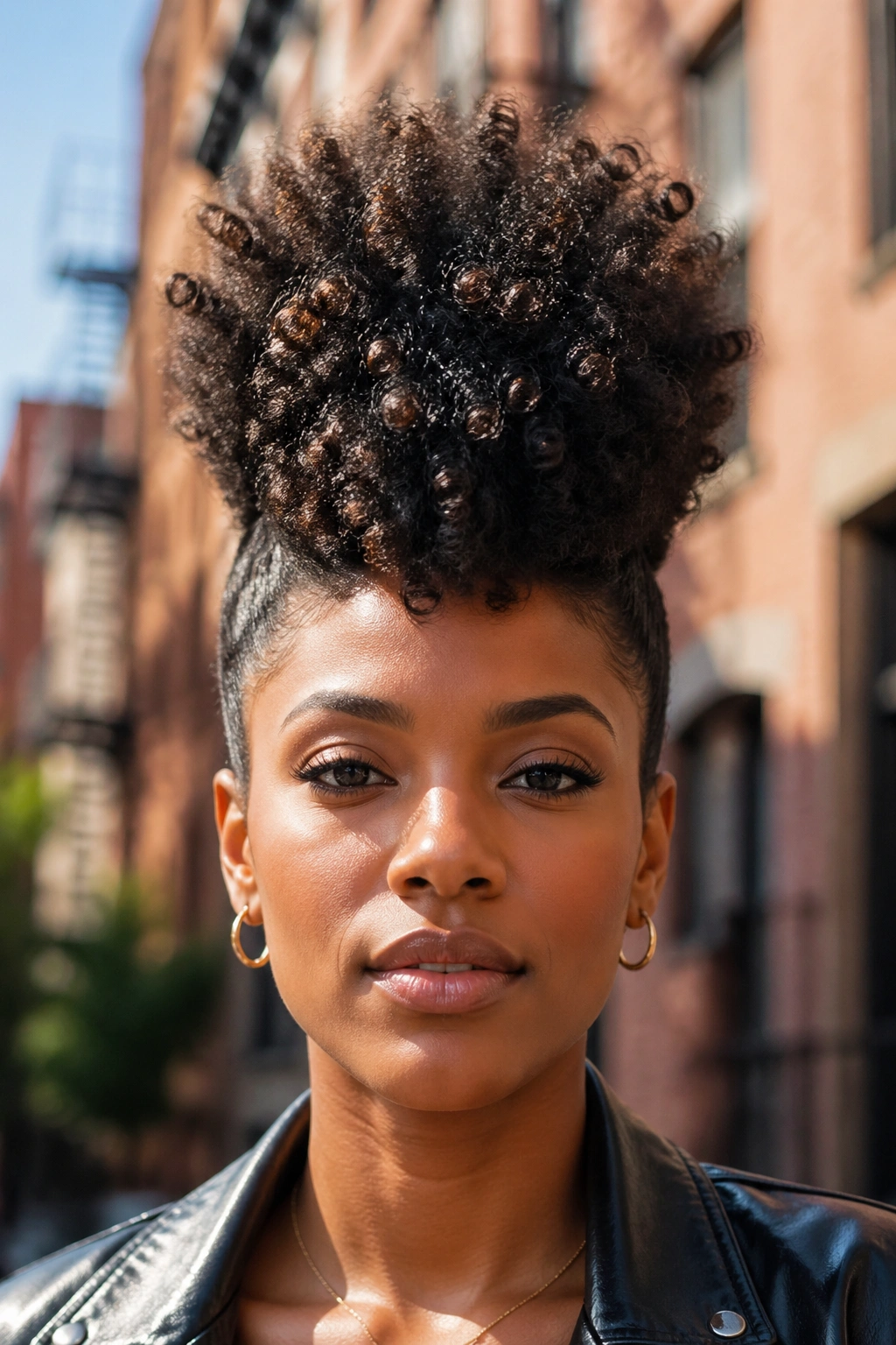 Close-up portrait of a real person with a fluffy fro-hawk.