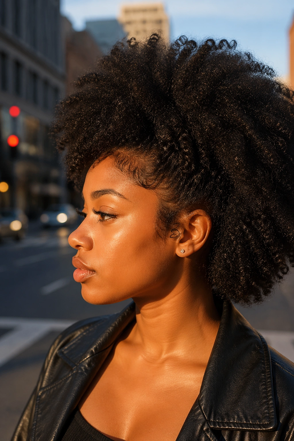 Side profile of fluffy kinky curly Afro frontal on street