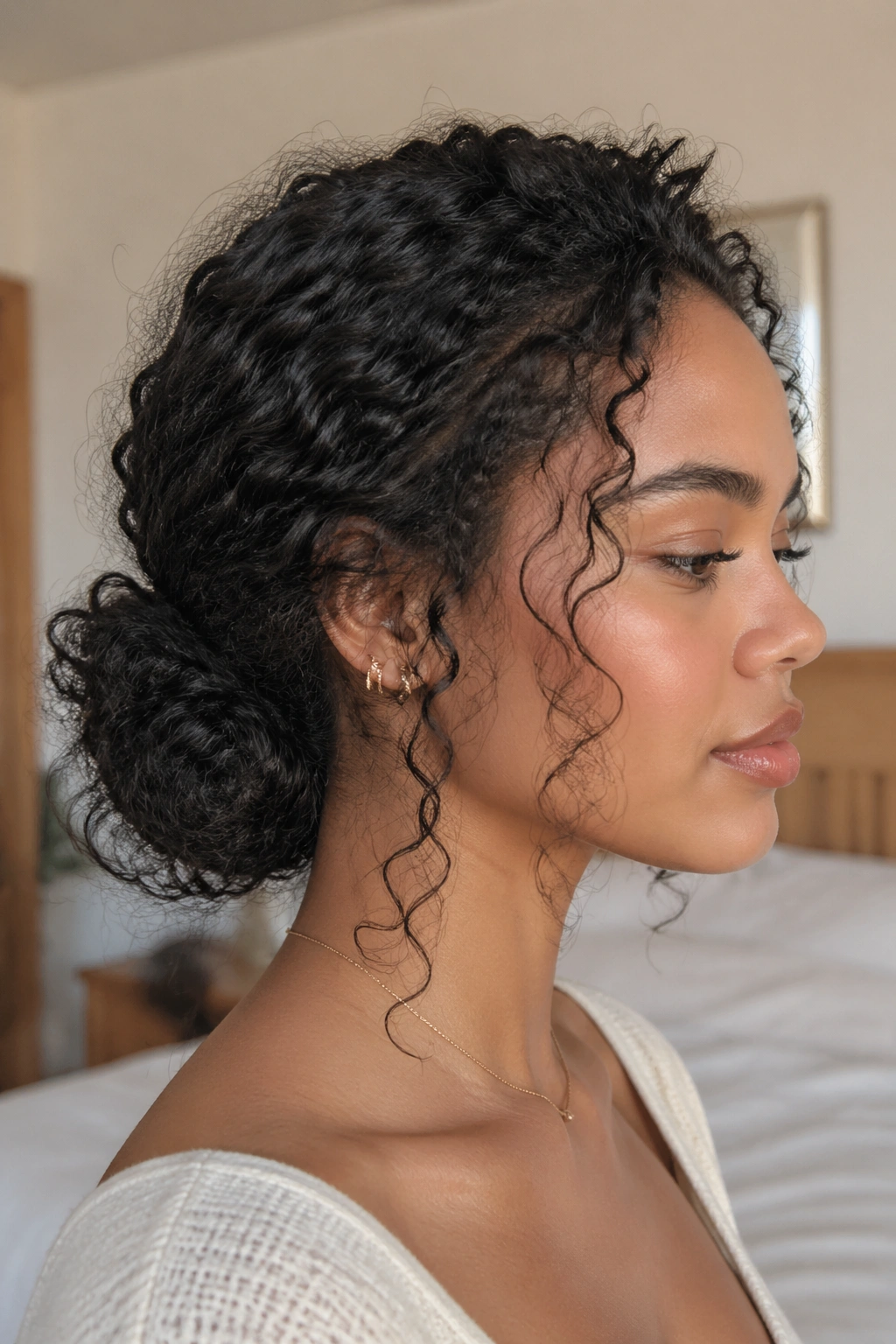 Close-up portrait of a real woman wearing a fluffy low bun with escaping curls by a window
