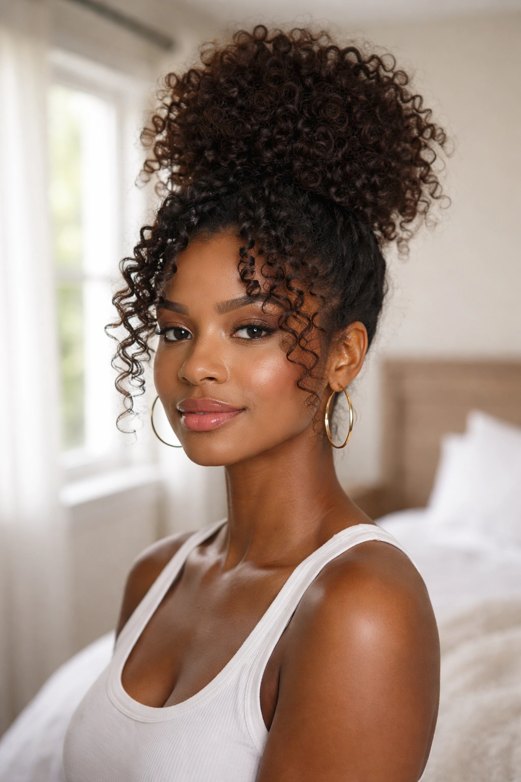 Close-up of a real woman with a fluffy pineapple bun and front curls