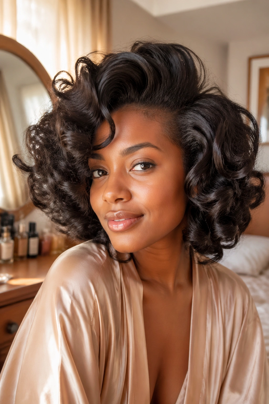 Close-up of a real woman with a fluffy roller-set hairstyle, airy curls and lifted roots.