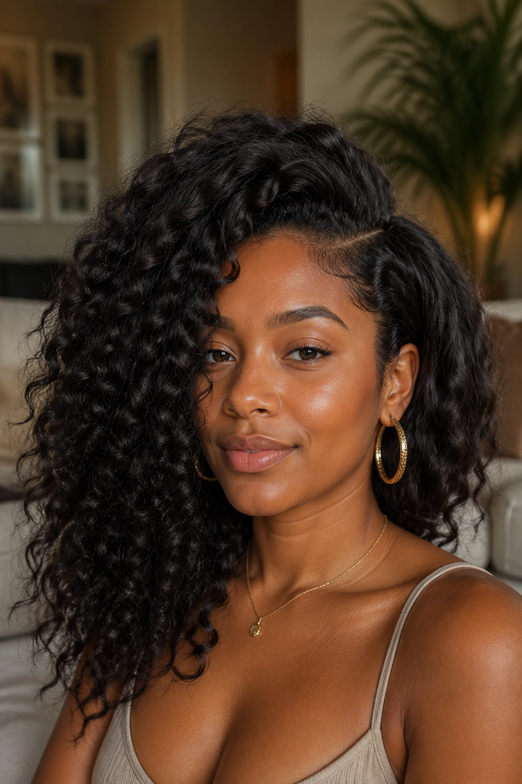 Close-up of a real woman with fluffy curls dramatically parted to one side.