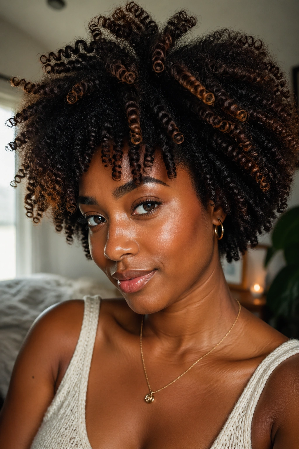 Real woman with a fluffy twist-out hairstyle, portrait.