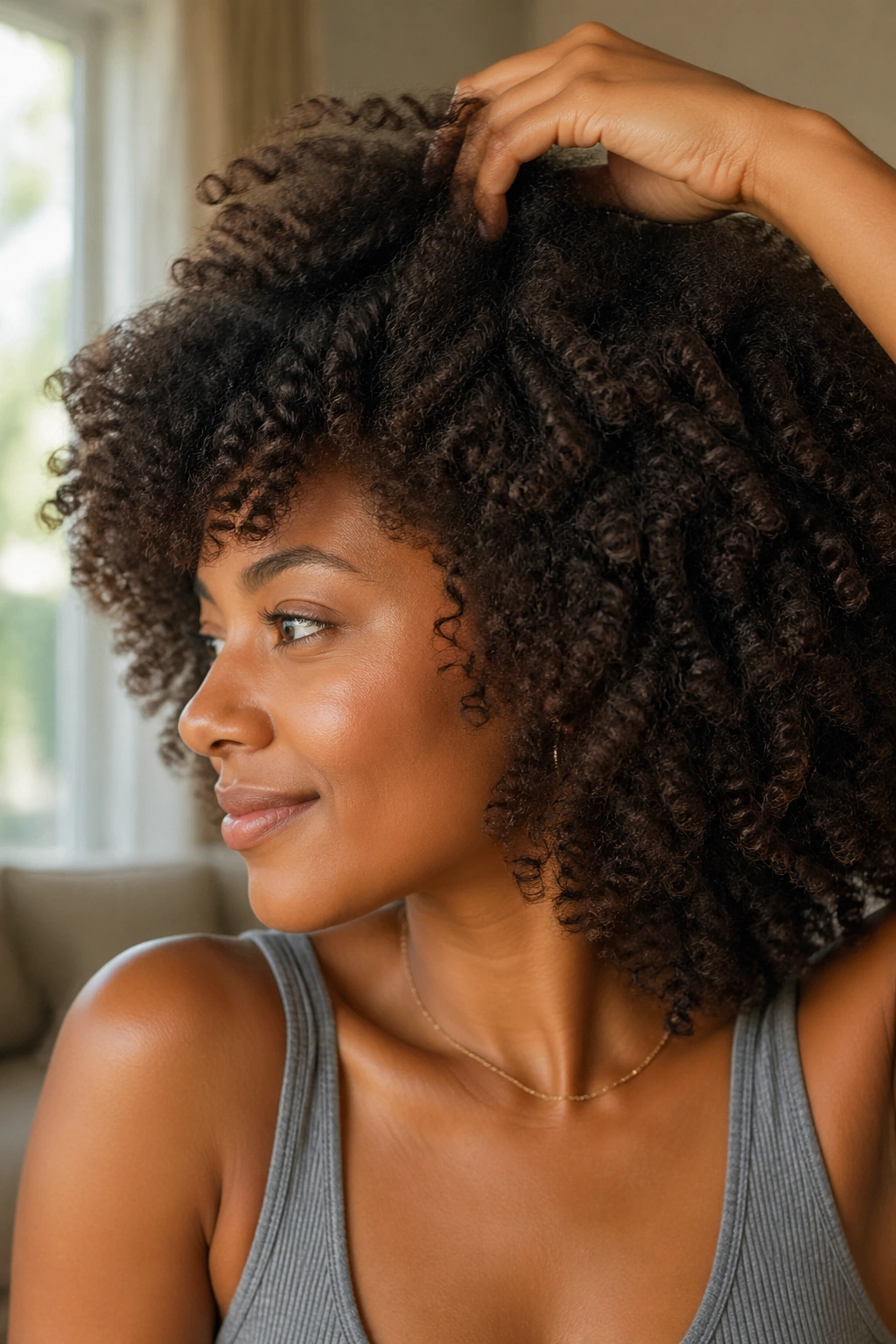 Portrait of a real woman with big fluffy volume in curls.
