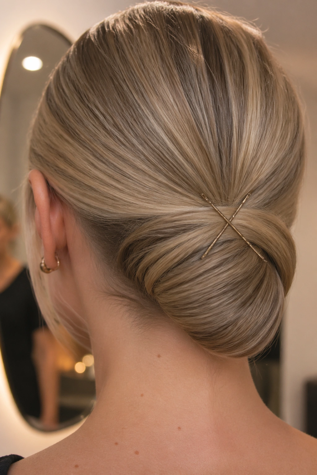 Close-up of folded-under ponytail at the nape with pins