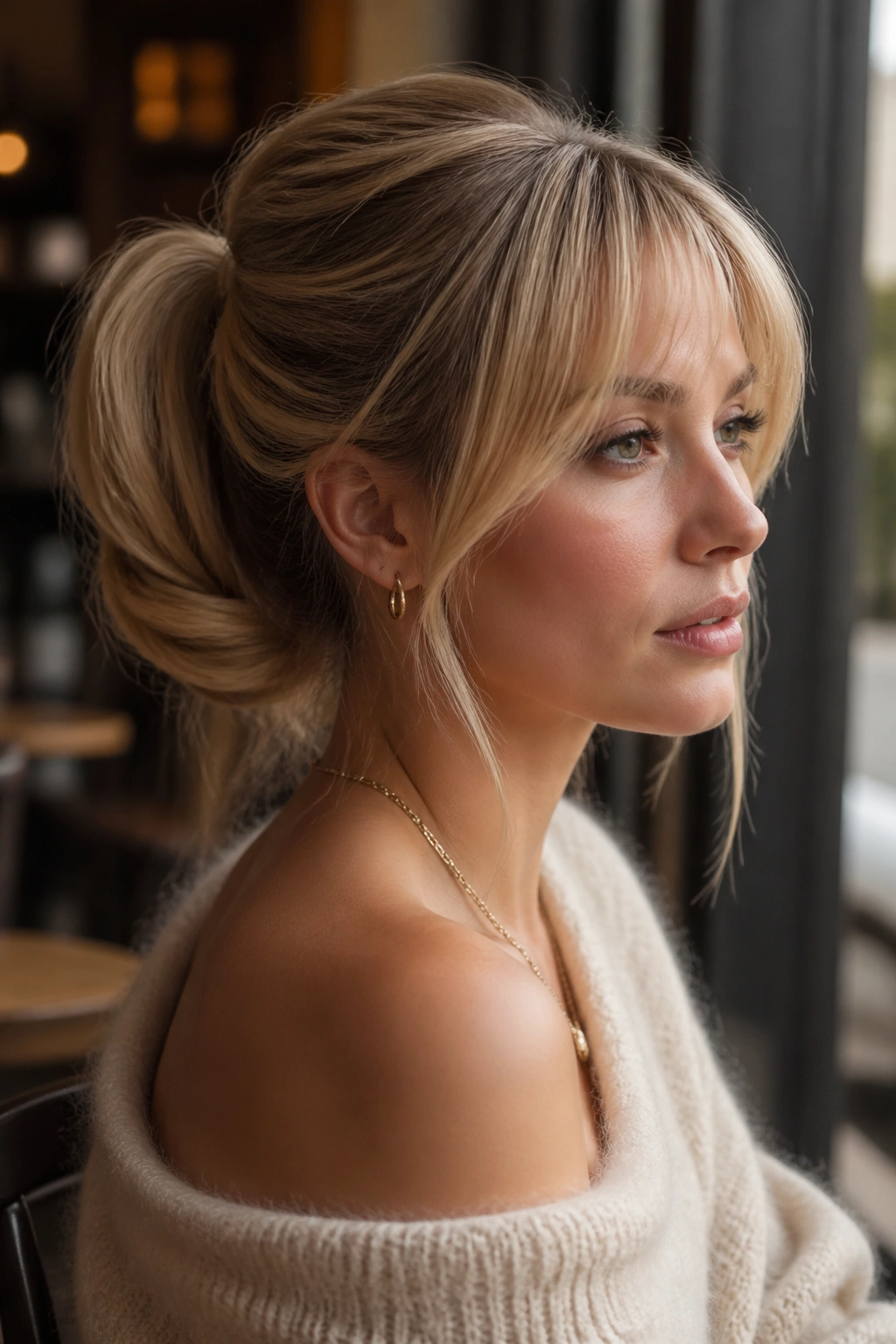 Real woman with folded blonde ponytail and airy bangs in cafe light.