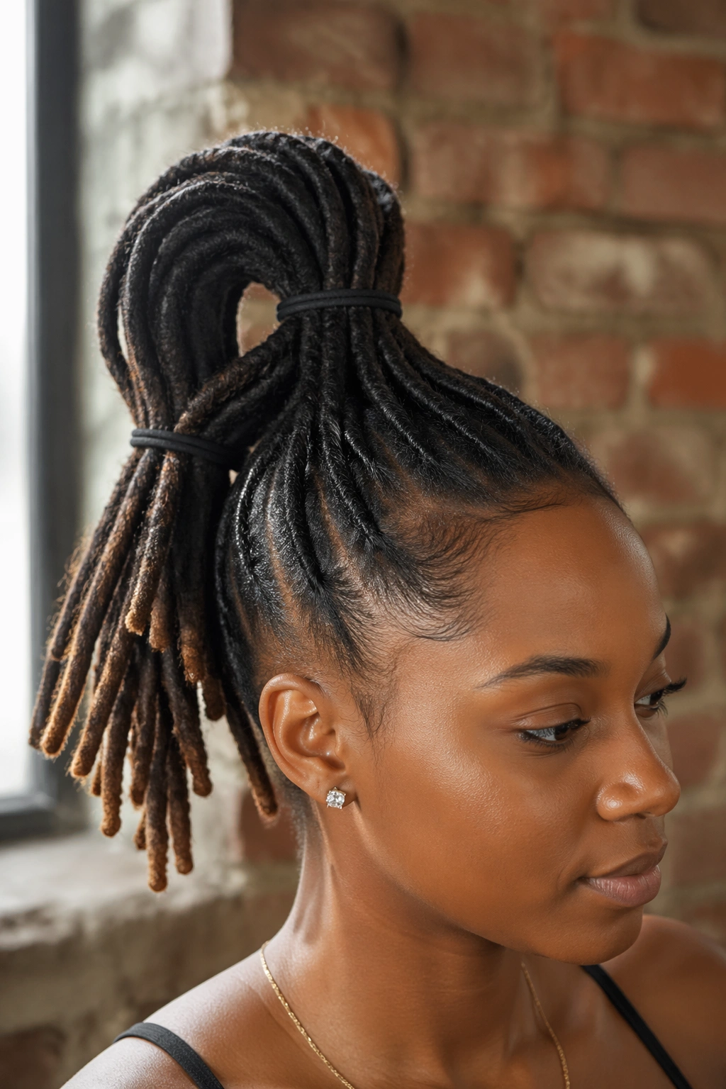 Close-up of a real woman's folded ponytail loop with ends peeking out.