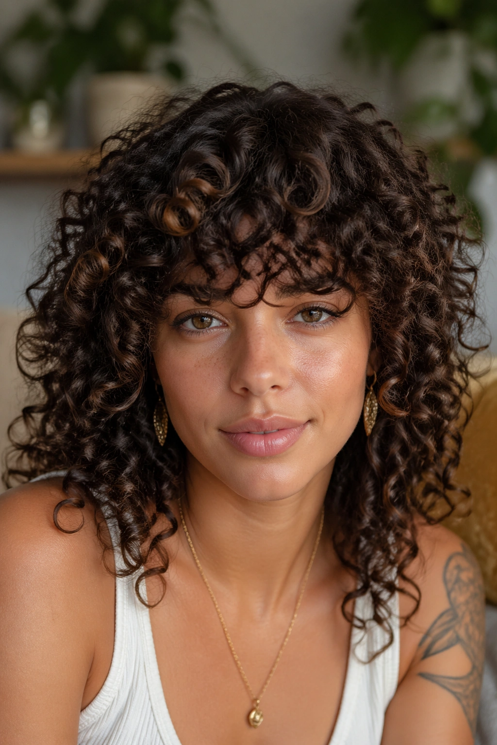Close-up of a real person with a forehead-grazing curly fringe in natural indoor light.