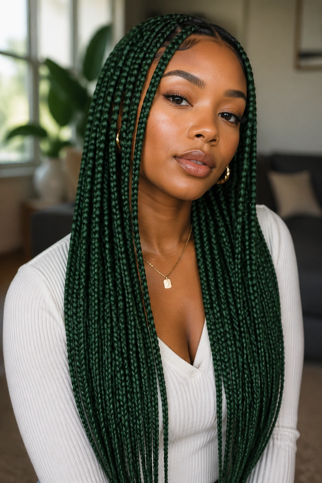 Close-up portrait of a real person with waist-length forest green box braids in natural window light