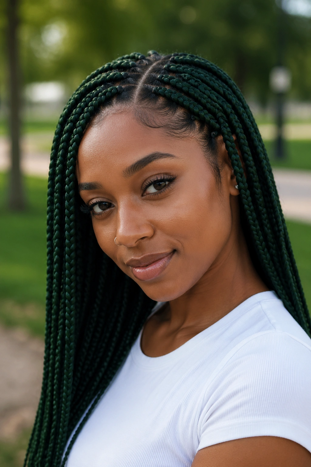 Forest green knotless box braids with clean roots.