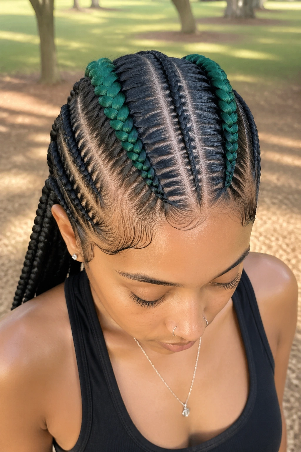 Close-up of forest green accent cornrows on a real person
