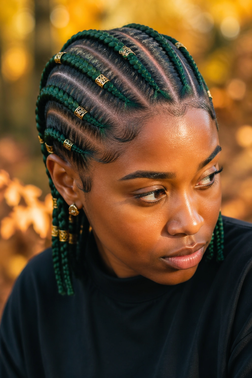 Close-up of a real person with six forest-green cornrows and gold cuffs from hairline to nape