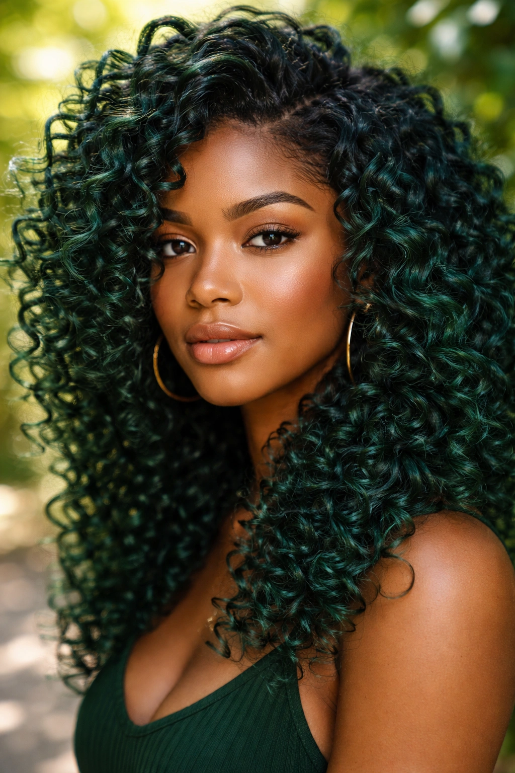 Close-up of forest green curly hair on a real person outdoors