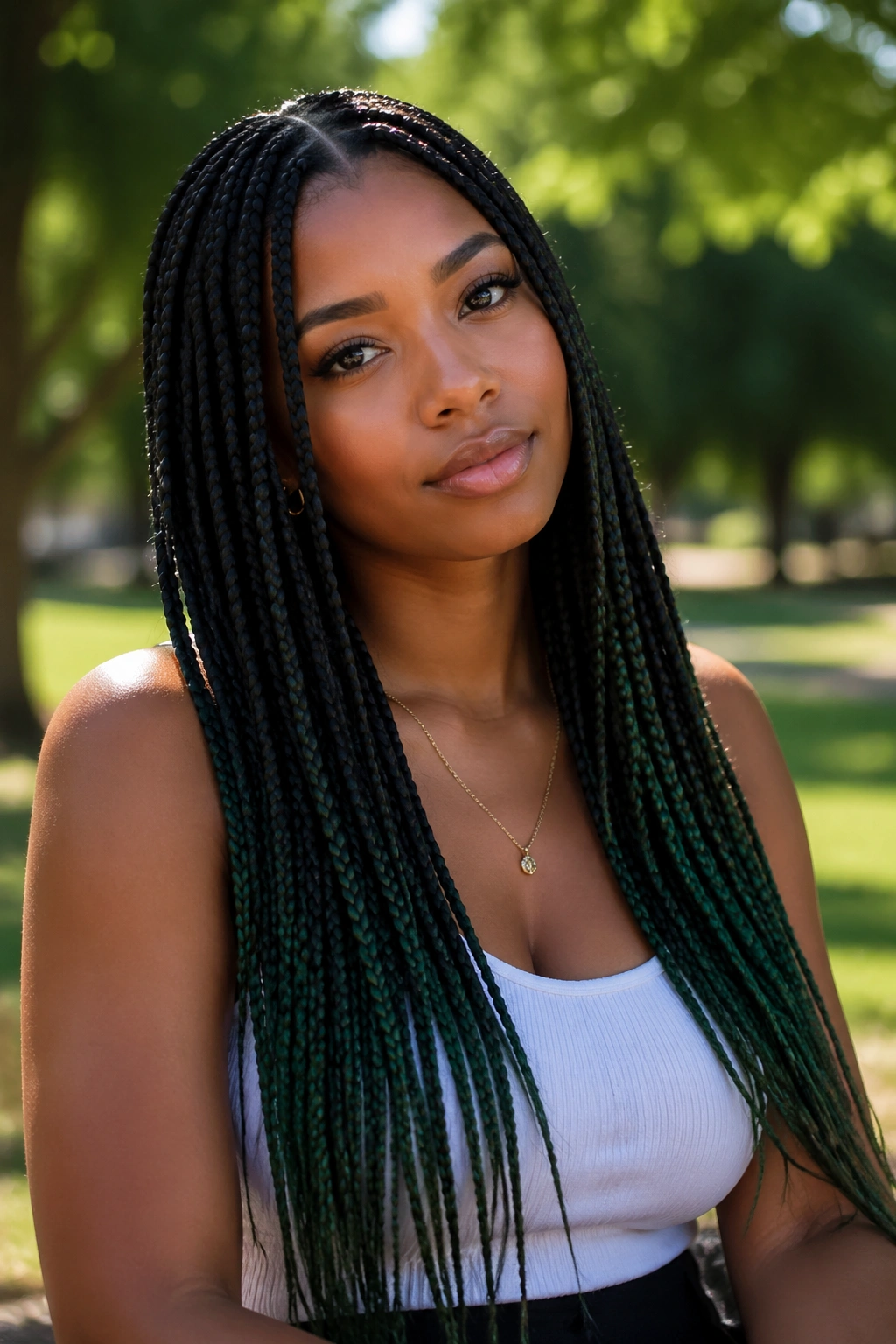 Close-up of forest green fade on mid-back braids on a real person