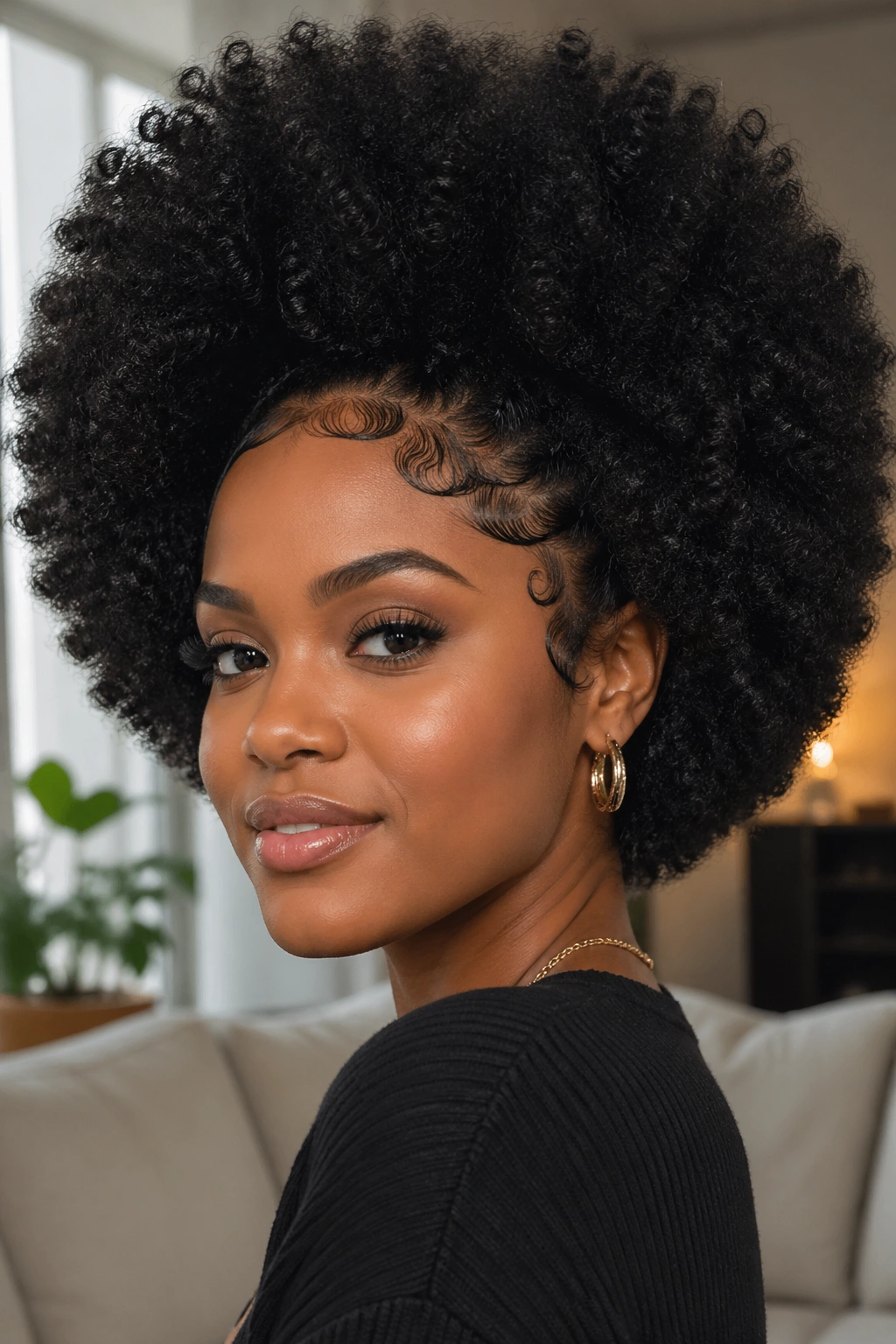 Close-up of a Black woman with a shaped Afro and sculpted edges filling the frame