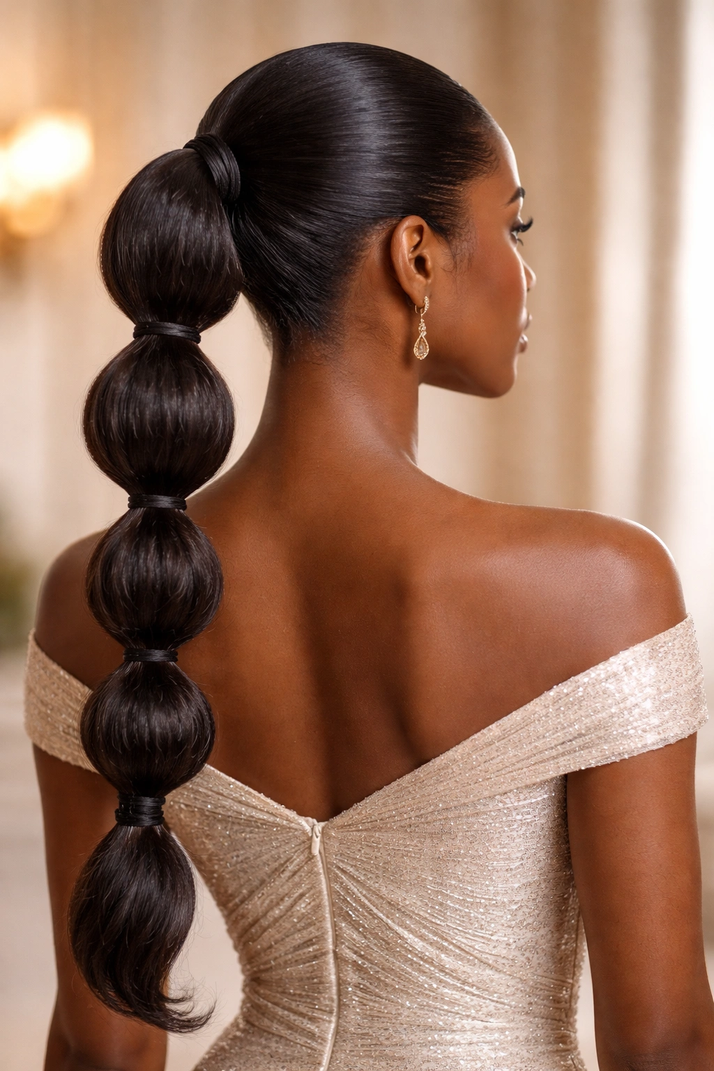 Formal bubble ponytail with smooth bubbles and wrapped base