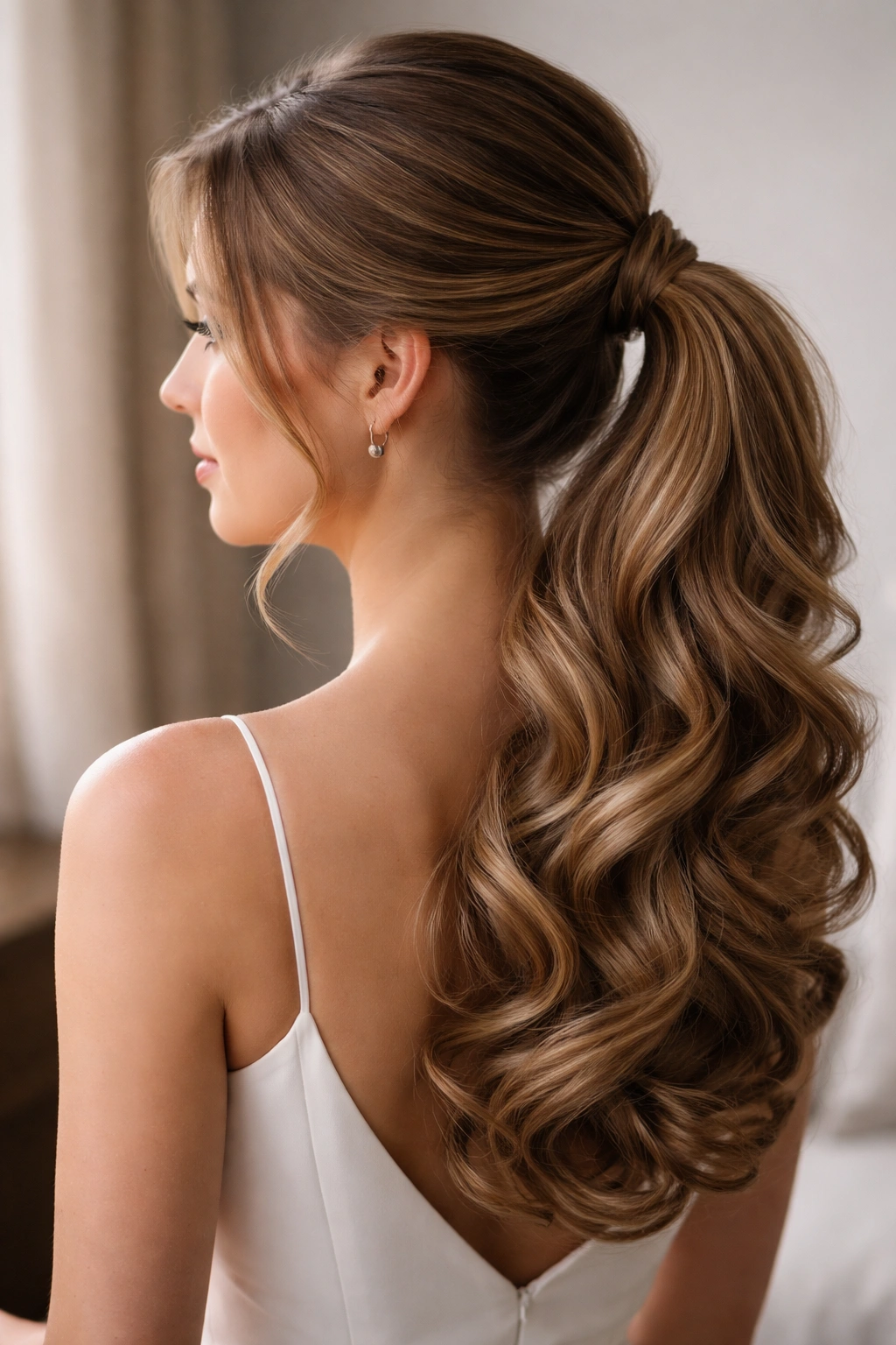 Formal side ponytail with medium curls and tidy base