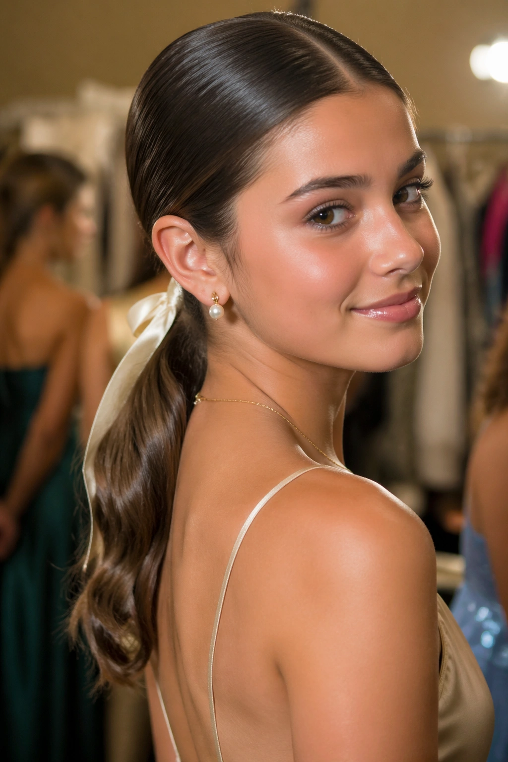 Teen with formal low ponytail and ribbon close-up