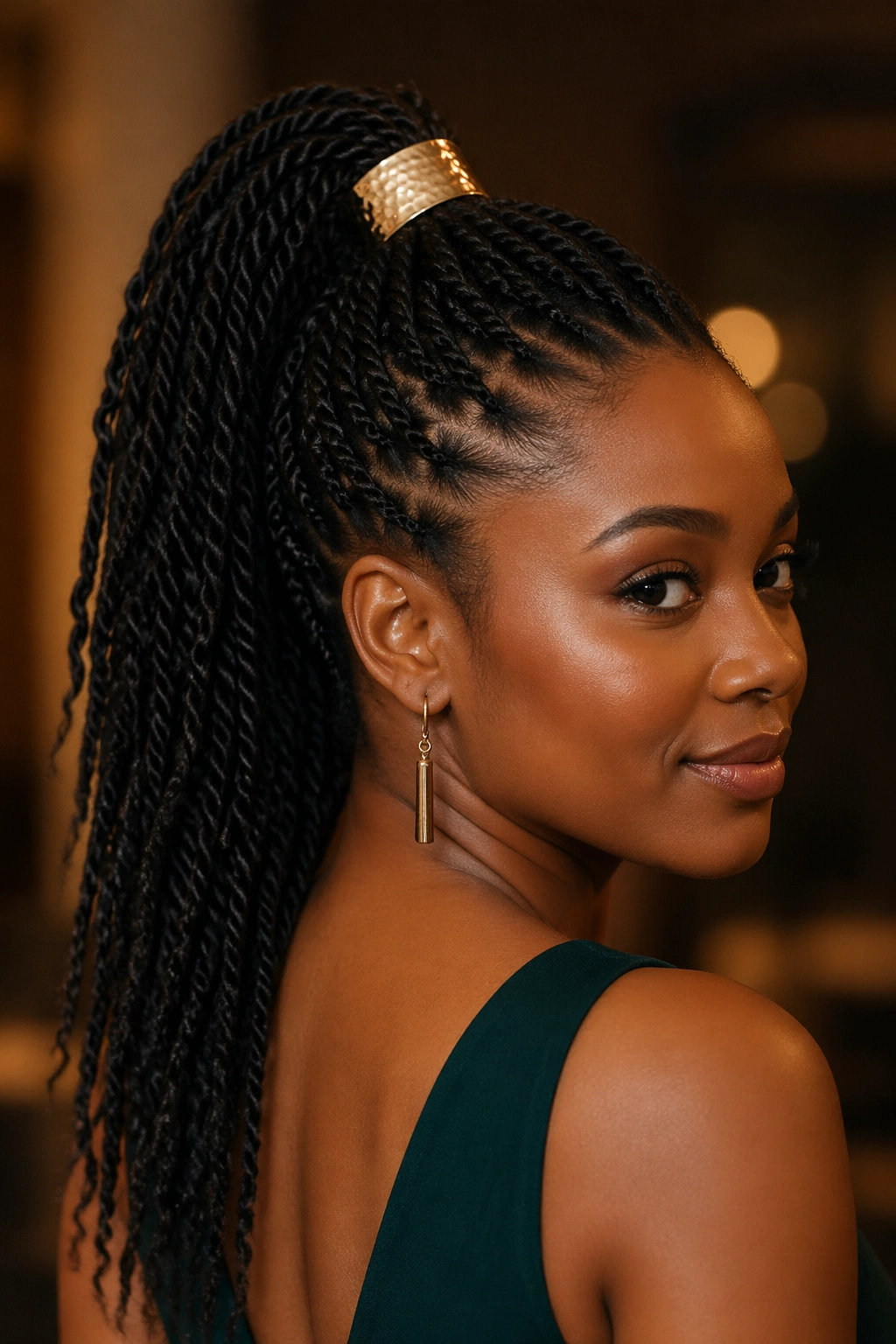Real woman with formal twist braided ponytail and hair jewelry at an indoor event