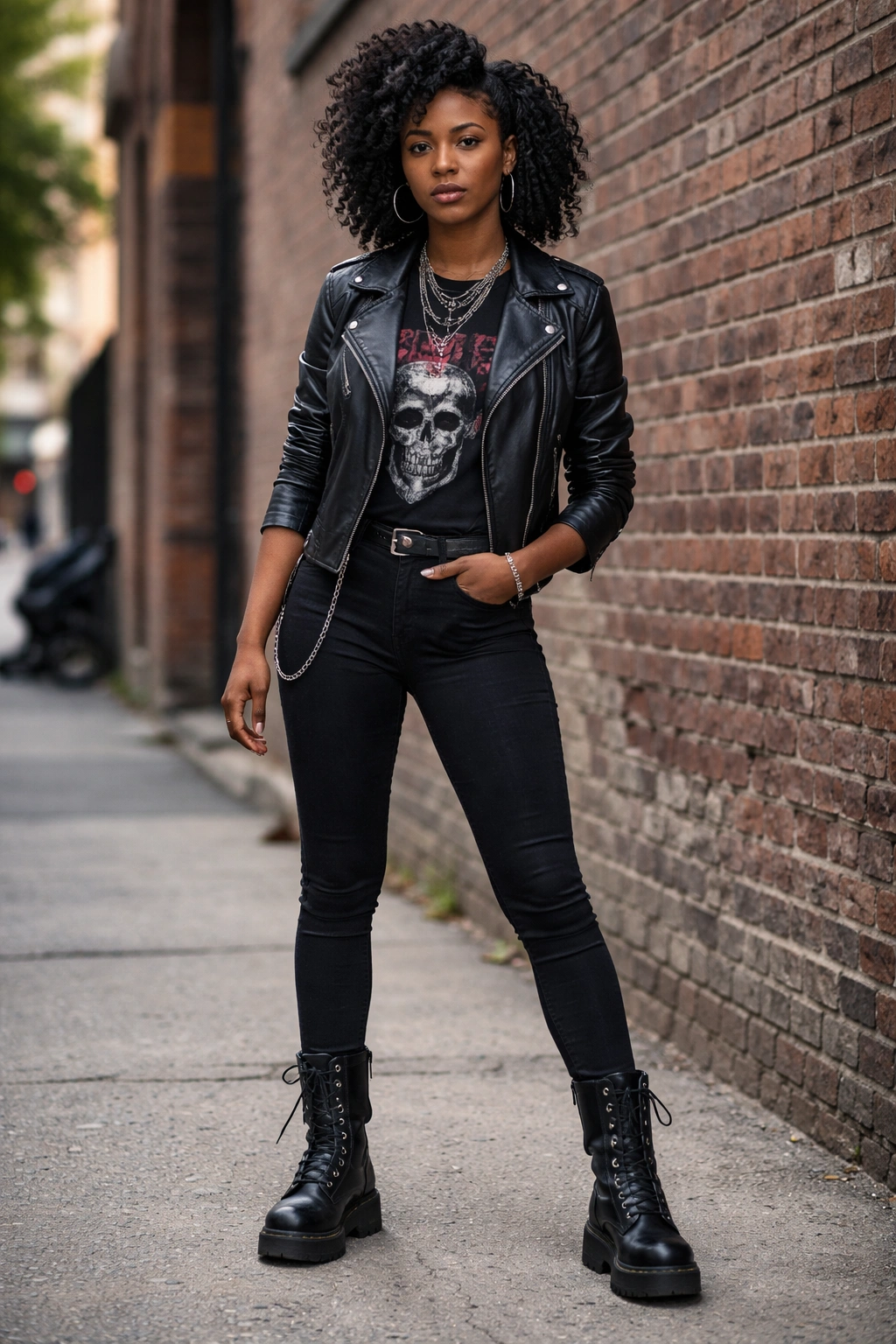 Full-length portrait of a woman in foundation pieces: leather jacket and combat boots