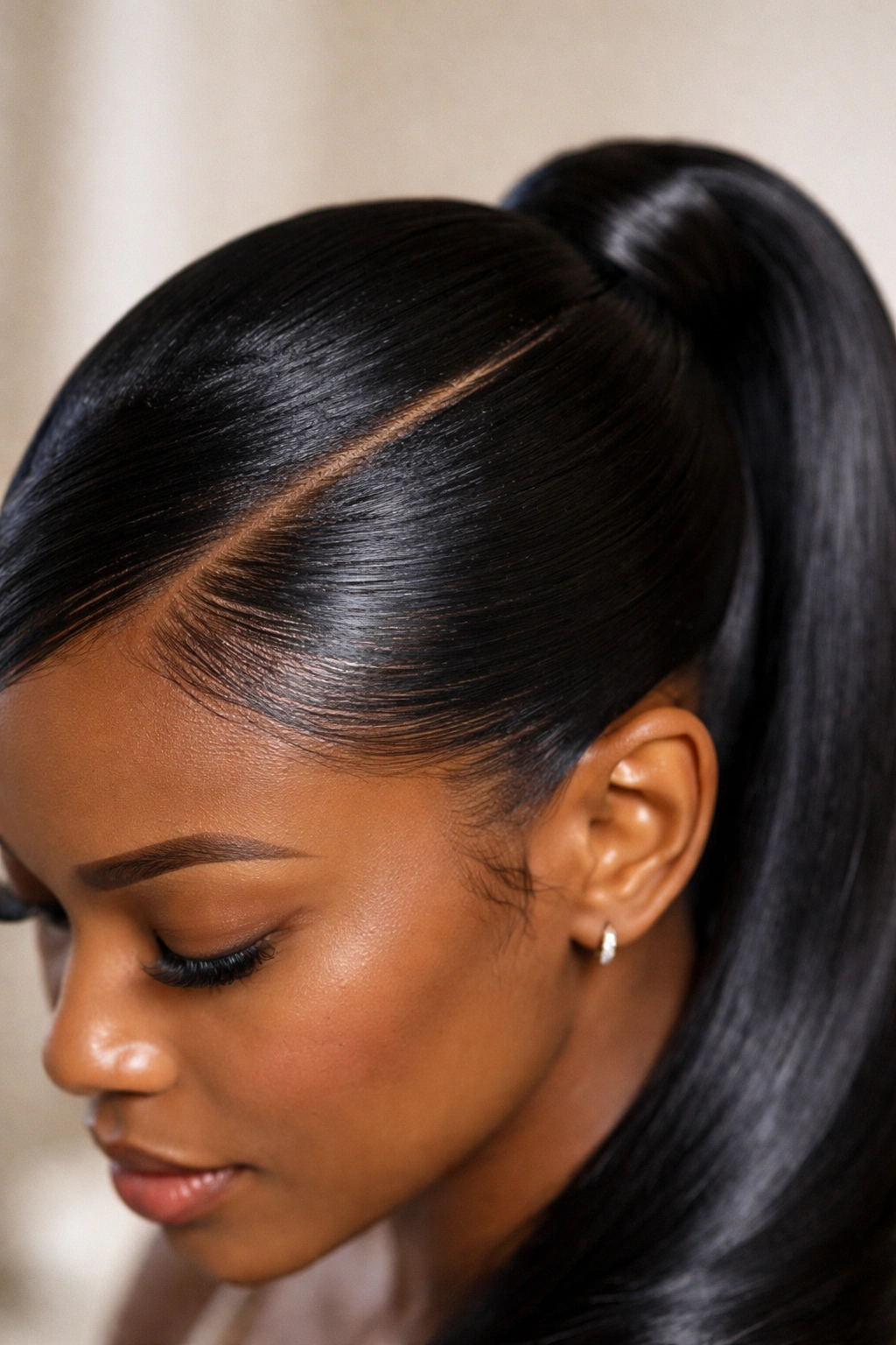 Close-up of moisturized hair with a crisp side part on a Black woman's head