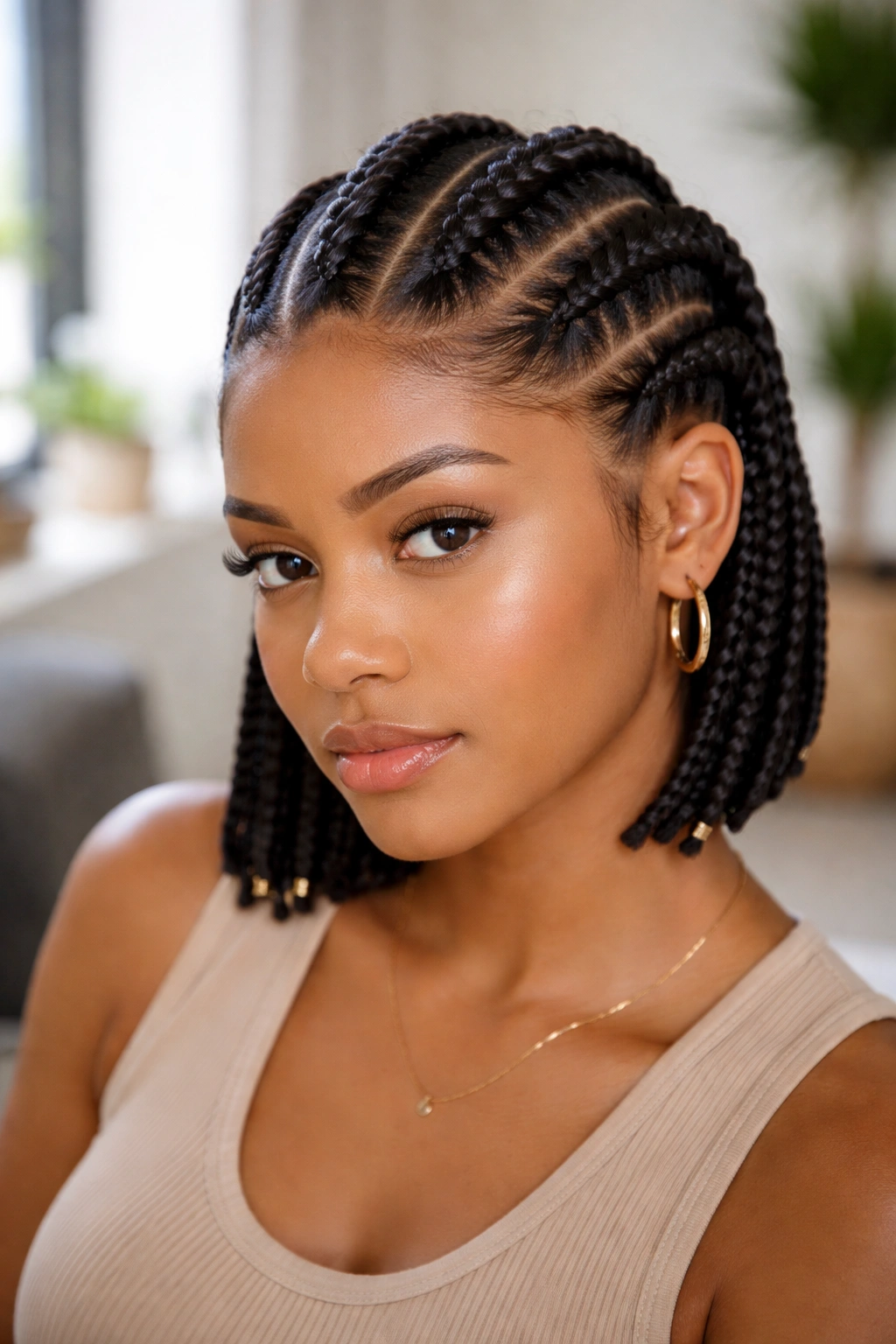 Close-up of four bold cornrows on chin-length hair a real person