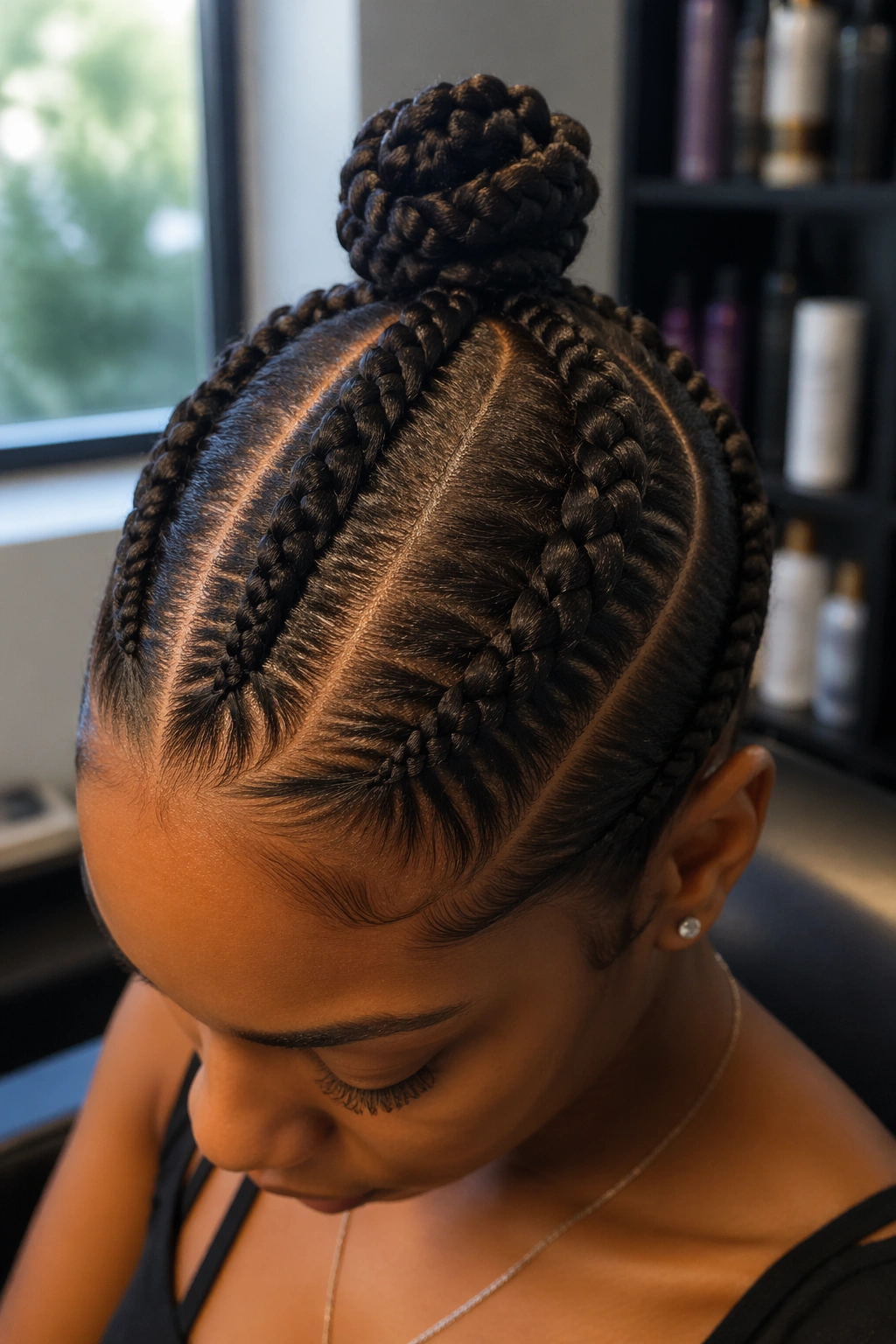 Close-up of four cornrows converging at the crown into a bun on a real person