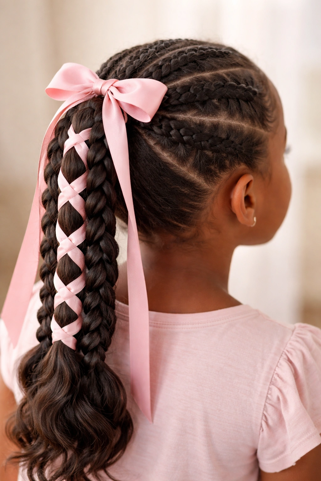 Four-braid ponytail with a satin ribbon woven through the braids.