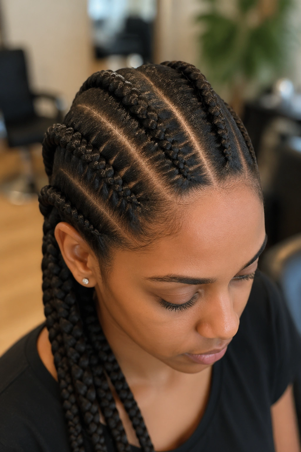 Close-up of a real person with four cornrows along the scalp, two on each side of the center axis.