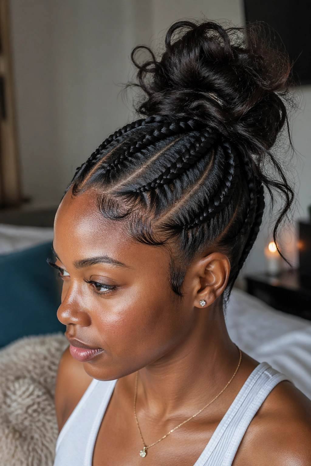 Real person wearing four braids into a messy bun with loose strands