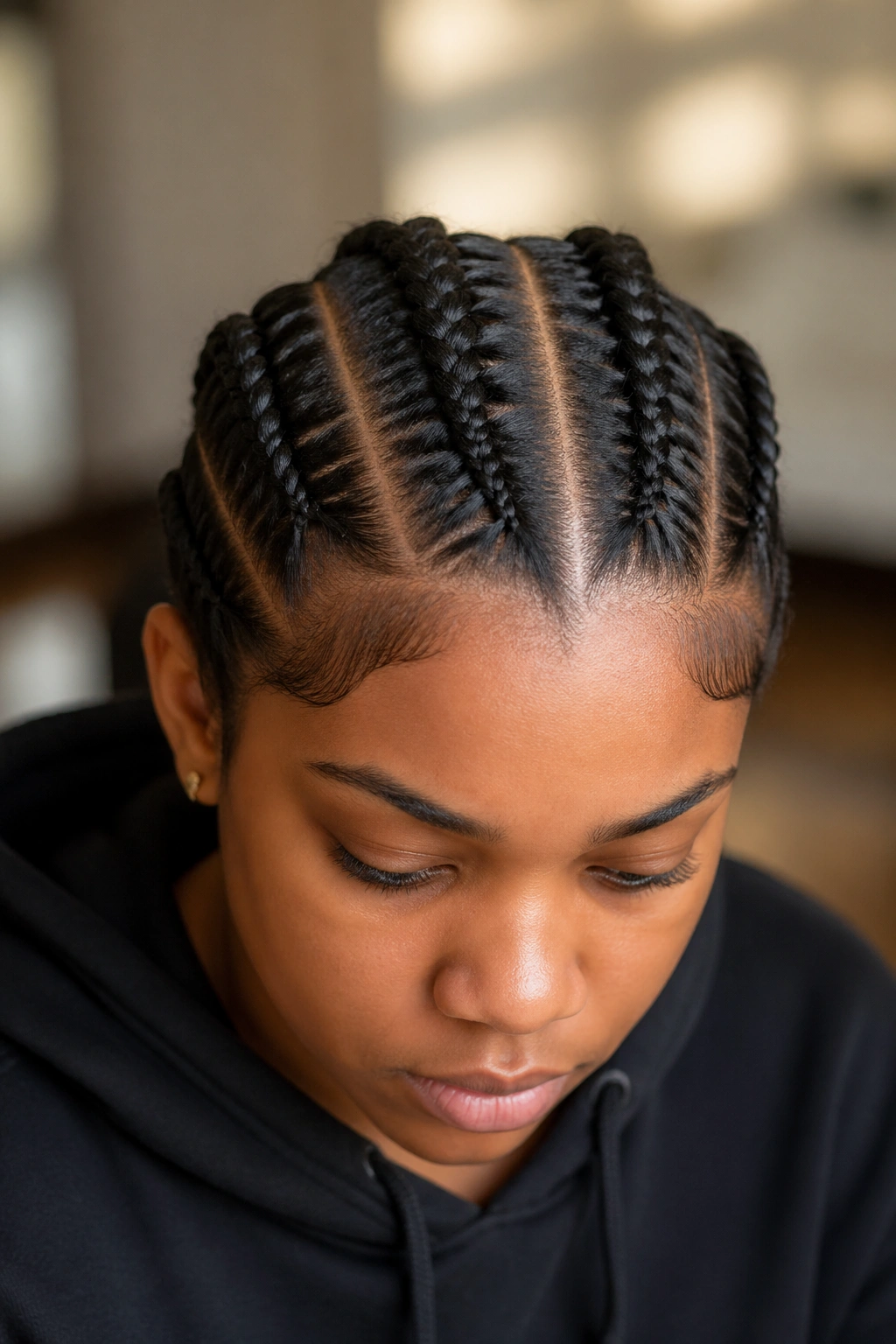 Close-up of real person with center-parted four cornrows