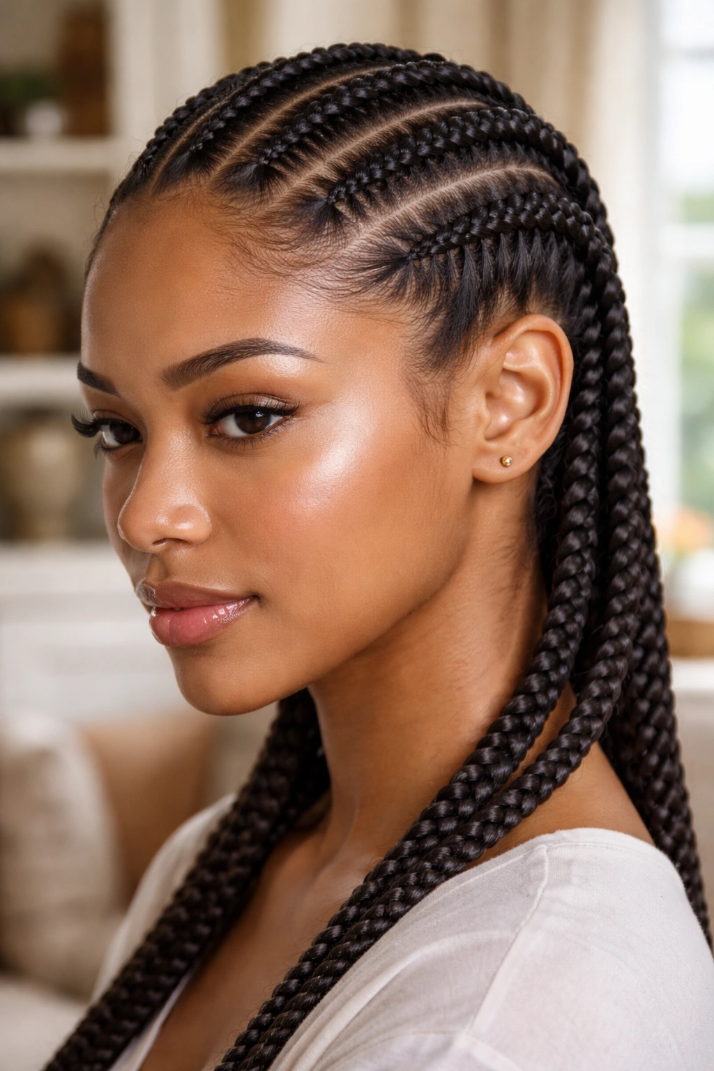 Close-up of a real woman with four even cornrows running from hairline to back.