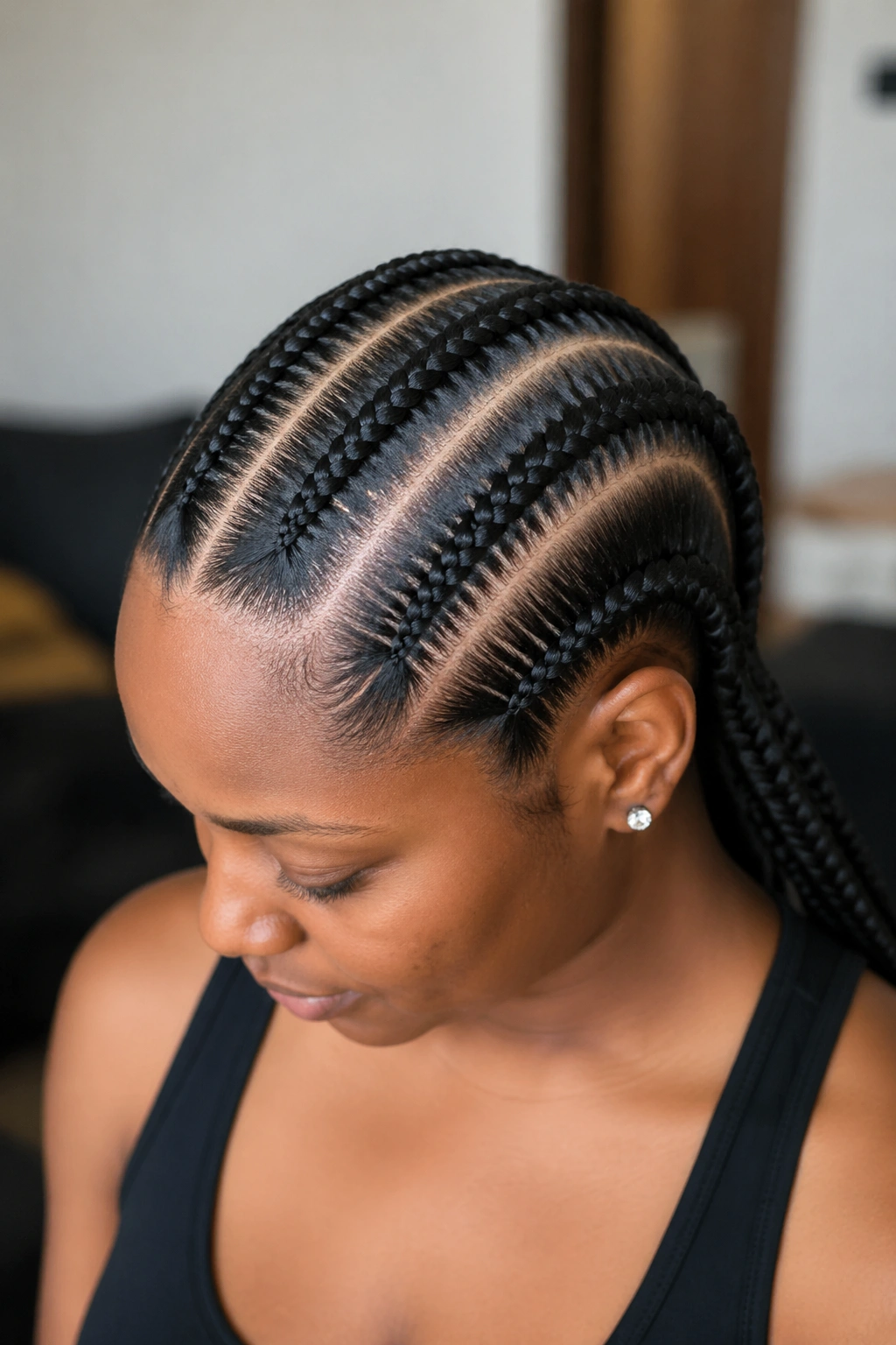 Real person portrait with four Ghana cornrows and center part